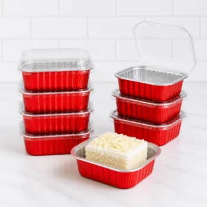 Square Aluminum Foil Bake and Serve with Transparent Lid - Red 10pc Pack